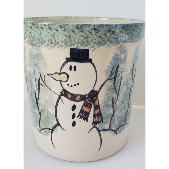 Stoneware Pottery Green Spongeware Utensil Crock Snowman Country Primitive 5.25" - Picture 2 of 9